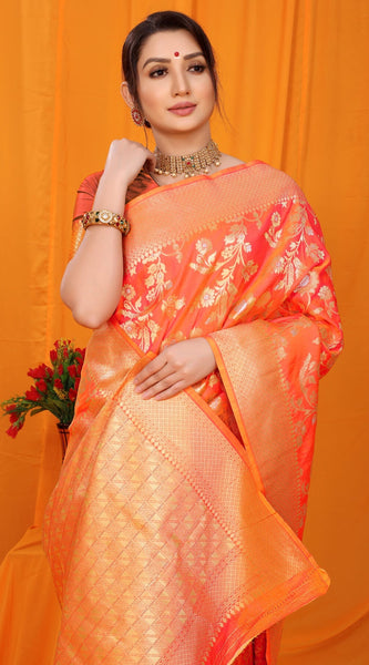 Refreshing Orange Kanjivaram Silk With Scintilla Blouse Piece
