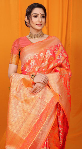 Refreshing Orange Kanjivaram Silk With Scintilla Blouse Piece