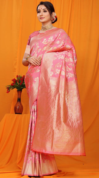 Gorgeous Pink Kanjivaram Silk With Scintilla Blouse Piece