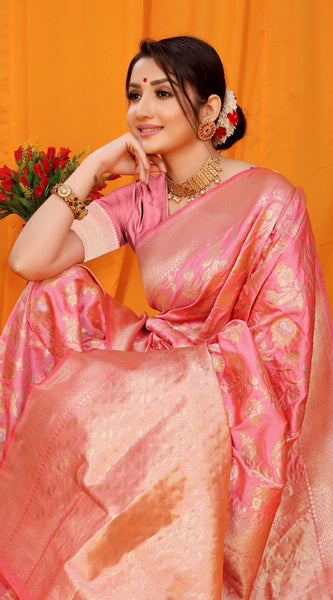 Gorgeous Pink Kanjivaram Silk With Scintilla Blouse Piece