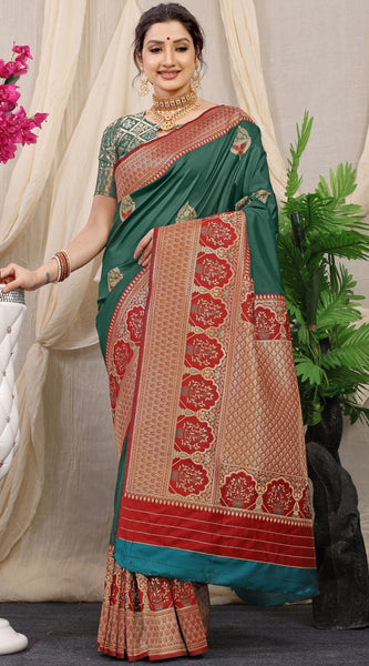 Murmurous Dark Green Kanjivaram Silk With Sizzling Blouse Piece