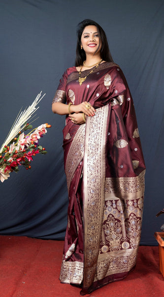 Petrichor Brown Kanjivaram Silk With Demure Blouse Piece
