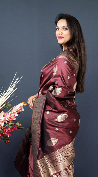 Petrichor Brown Kanjivaram Silk With Demure Blouse Piece