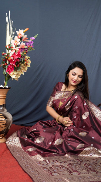Petrichor Brown Kanjivaram Silk With Demure Blouse Piece