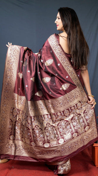 Petrichor Brown Kanjivaram Silk With Demure Blouse Piece