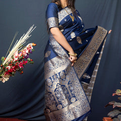 Palimpsest Navy Blue Kanjivaram Silk With Demure Blouse Piece