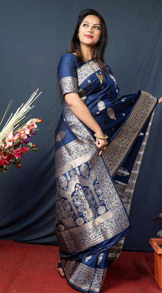 Palimpsest Navy Blue Kanjivaram Silk With Demure Blouse Piece