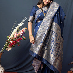 Palimpsest Navy Blue Kanjivaram Silk With Demure Blouse Piece