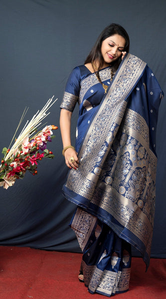 Palimpsest Navy Blue Kanjivaram Silk With Demure Blouse Piece