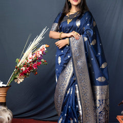 Palimpsest Navy Blue Kanjivaram Silk With Demure Blouse Piece