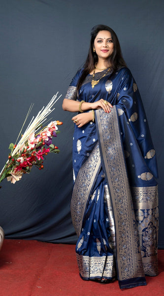 Palimpsest Navy Blue Kanjivaram Silk With Demure Blouse Piece