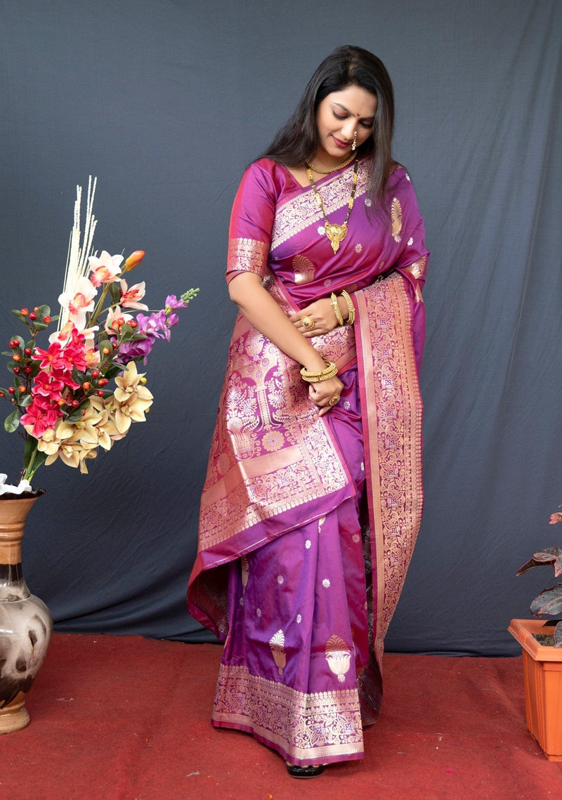 Panoply Purple Kanjivaram Silk With Demure Blouse Piece
