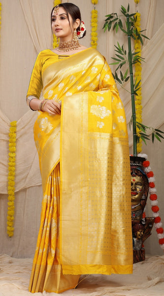 Divine Yellow Kanjivaram Silk With Seraglio Blouse Piece