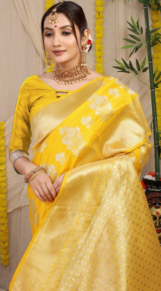 Divine Yellow Kanjivaram Silk With Seraglio Blouse Piece