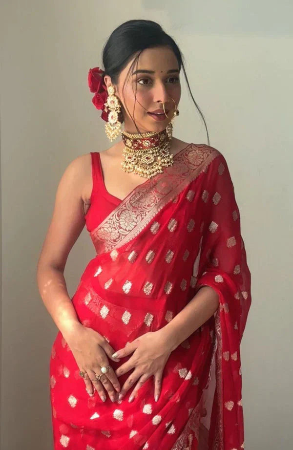 Radiant 1-Minute Ready To Wear Red Cotton Silk Saree