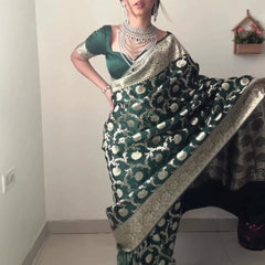 Gorgeous 1-Minute Ready To Wear Green Soft Silk Saree