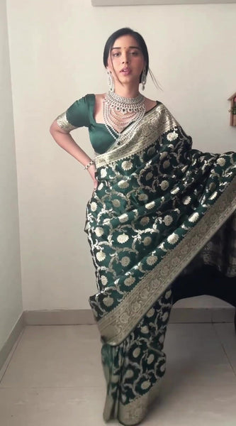 Gorgeous 1-Minute Ready To Wear Green Soft Silk Saree