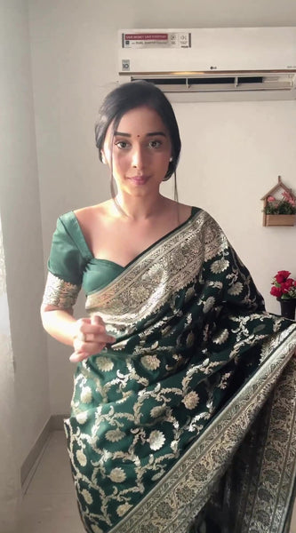 Gorgeous 1-Minute Ready To Wear Green Soft Silk Saree