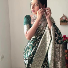 Gorgeous 1-Minute Ready To Wear Green Soft Silk Saree