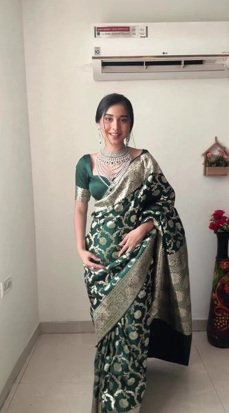 Gorgeous 1-Minute Ready To Wear Green Soft Silk Saree