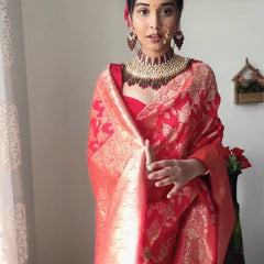 Mesmeric 1-Minute Ready To Wear Red Soft Silk Saree