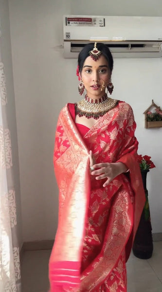 Mesmeric 1-Minute Ready To Wear Red Soft Silk Saree
