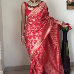 Mesmeric 1-Minute Ready To Wear Red Soft Silk Saree