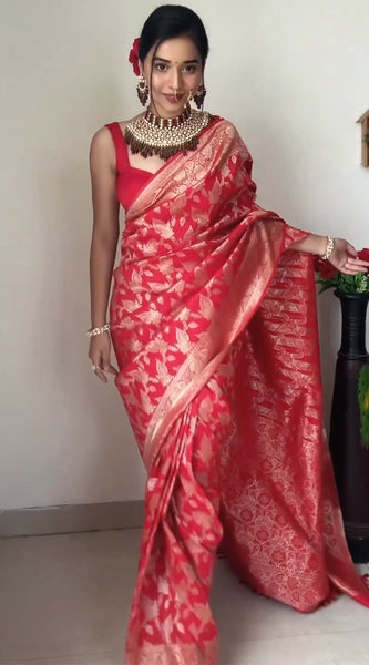 Mesmeric 1-Minute Ready To Wear Red Soft Silk Saree