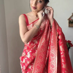 Mesmeric 1-Minute Ready To Wear Red Soft Silk Saree