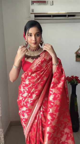 Mesmeric 1-Minute Ready To Wear Red Soft Silk Saree