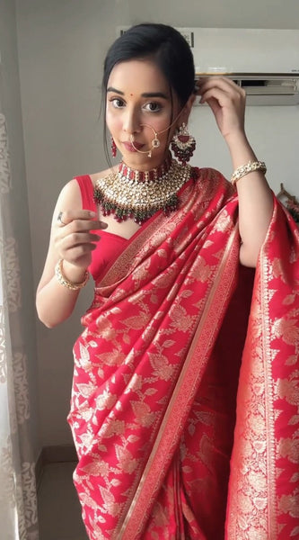Mesmeric 1-Minute Ready To Wear Red Soft Silk Saree