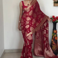 Alluring 1-Minute Ready To Wear Red Cotton Silk Saree