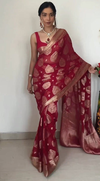 Alluring 1-Minute Ready To Wear Red Cotton Silk Saree