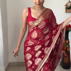 Alluring 1-Minute Ready To Wear Red Cotton Silk Saree