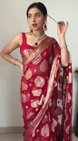 Alluring 1-Minute Ready To Wear Red Cotton Silk Saree