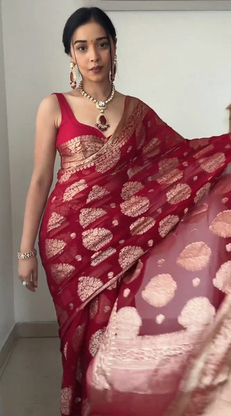 Alluring 1-Minute Ready To Wear Red Cotton Silk Saree