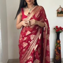 Alluring 1-Minute Ready To Wear Red Cotton Silk Saree