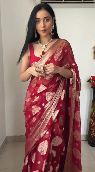 Alluring 1-Minute Ready To Wear Red Cotton Silk Saree