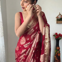 Alluring 1-Minute Ready To Wear Red Cotton Silk Saree