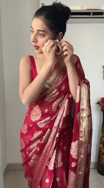 Alluring 1-Minute Ready To Wear Red Cotton Silk Saree
