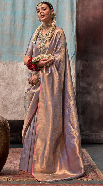 Trendy Grey Kanjivaram Silk Saree With Girlish Blouse Piece