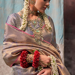 Trendy Grey Kanjivaram Silk Saree With Girlish Blouse Piece