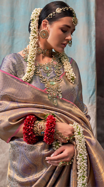 Trendy Grey Kanjivaram Silk Saree With Girlish Blouse Piece