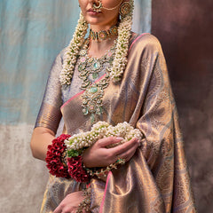 Trendy Grey Kanjivaram Silk Saree With Girlish Blouse Piece
