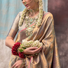 Trendy Grey Kanjivaram Silk Saree With Girlish Blouse Piece