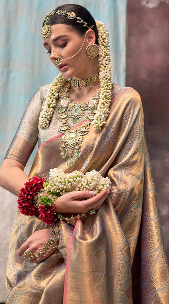 Trendy Grey Kanjivaram Silk Saree With Girlish Blouse Piece