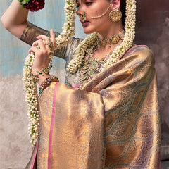Trendy Grey Kanjivaram Silk Saree With Girlish Blouse Piece