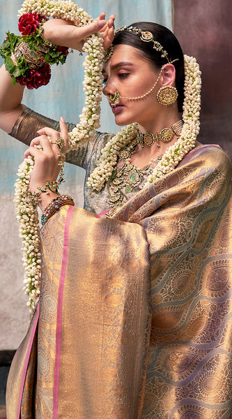 Trendy Grey Kanjivaram Silk Saree With Girlish Blouse Piece
