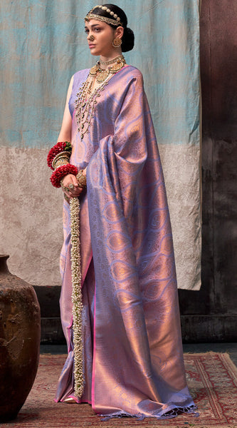 Pleasant Lavender Kanjivaram Silk Saree With Ideal Blouse Piece