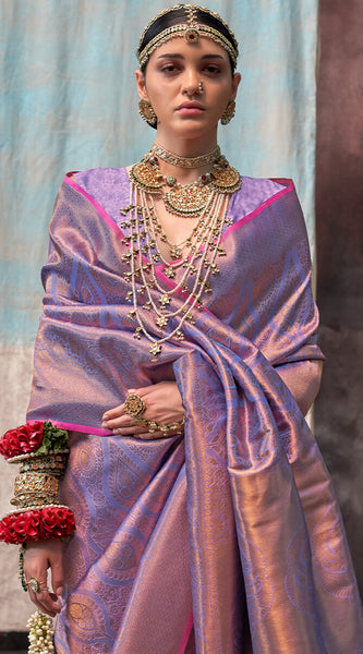 Pleasant Lavender Kanjivaram Silk Saree With Ideal Blouse Piece